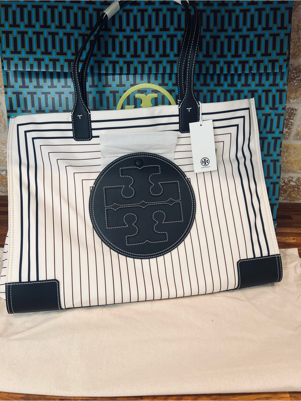 Tory Burch Navy and Cream Striped Logo Tote